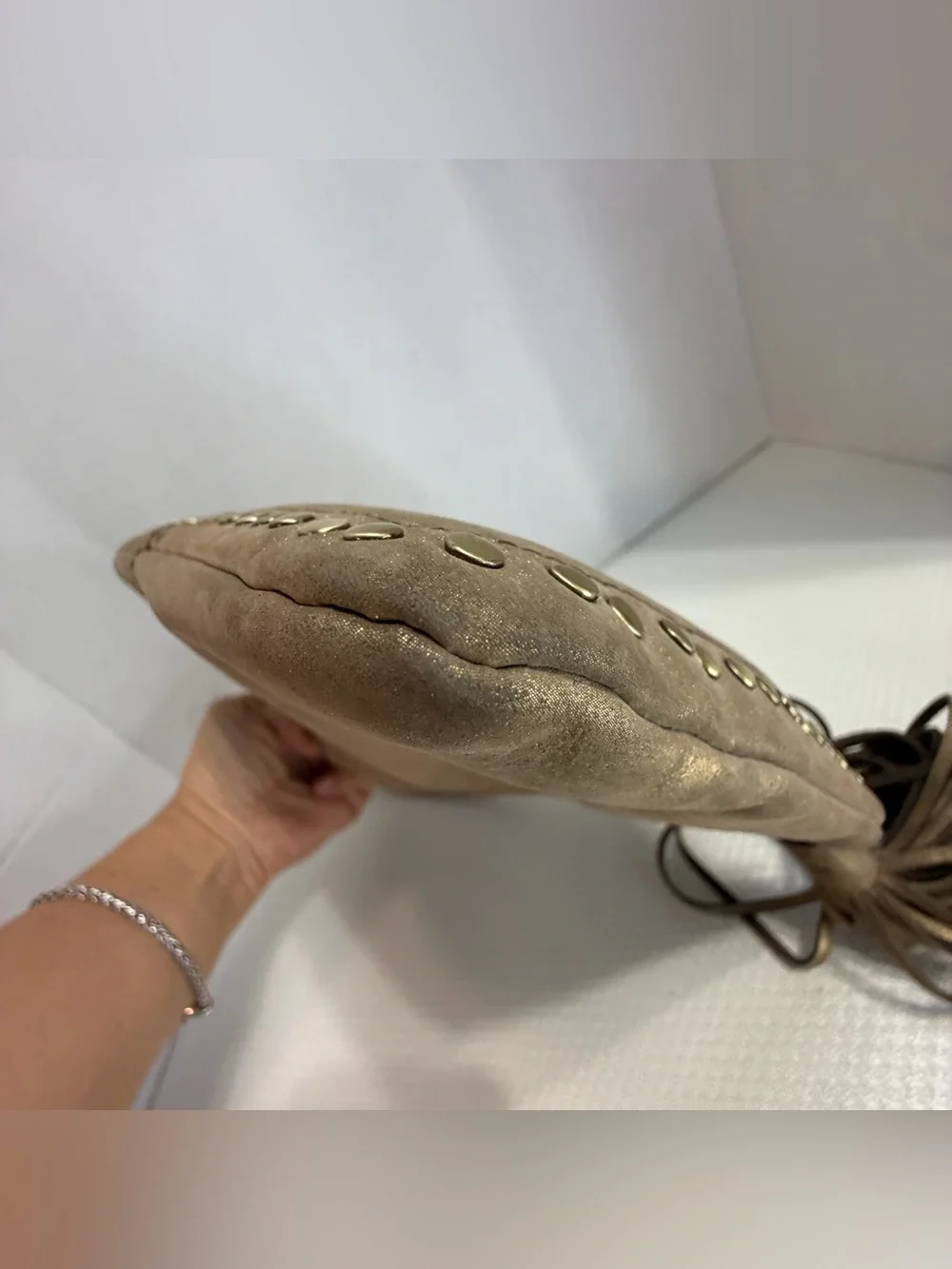 HOBO Metallic Bronze Studded Wristlet Tote with Tassel